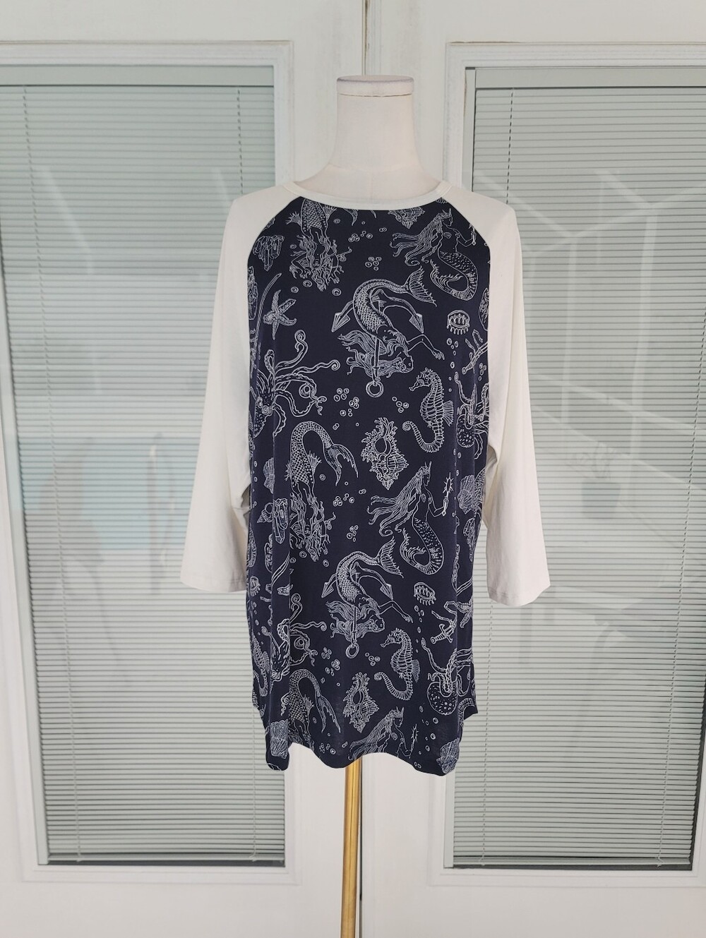 LuLaRoe Navy Blue White Ocean Mermaid Sea Life Randy Raglan T Shirt Top